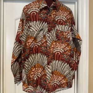 Vintage ROPER Button Shirt Mens L USA Tribal Feather Indian Chief Headdress